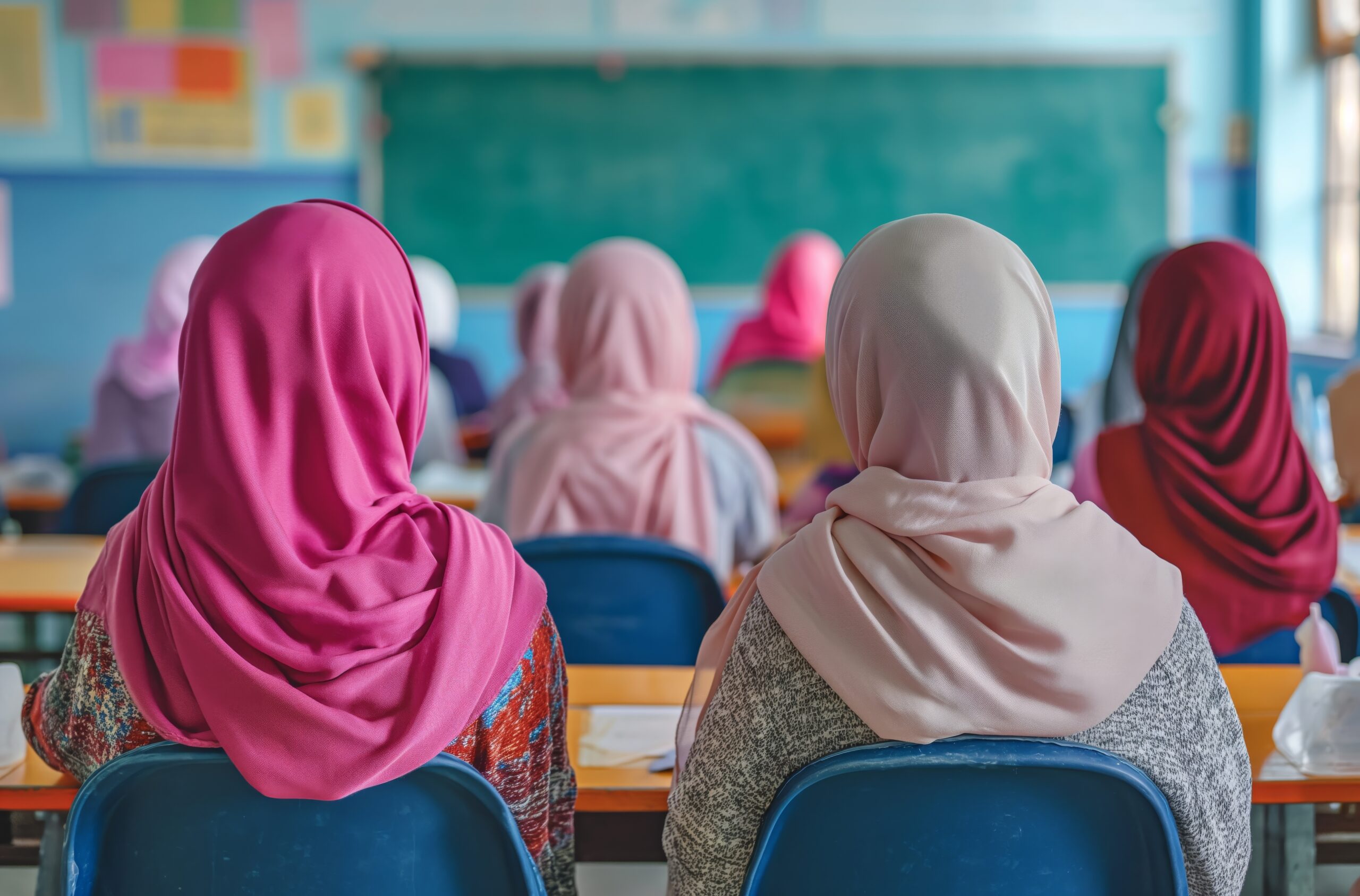 Rear view of female students wearing colorful hijabs teaching a lesson in a brightly lit classroom