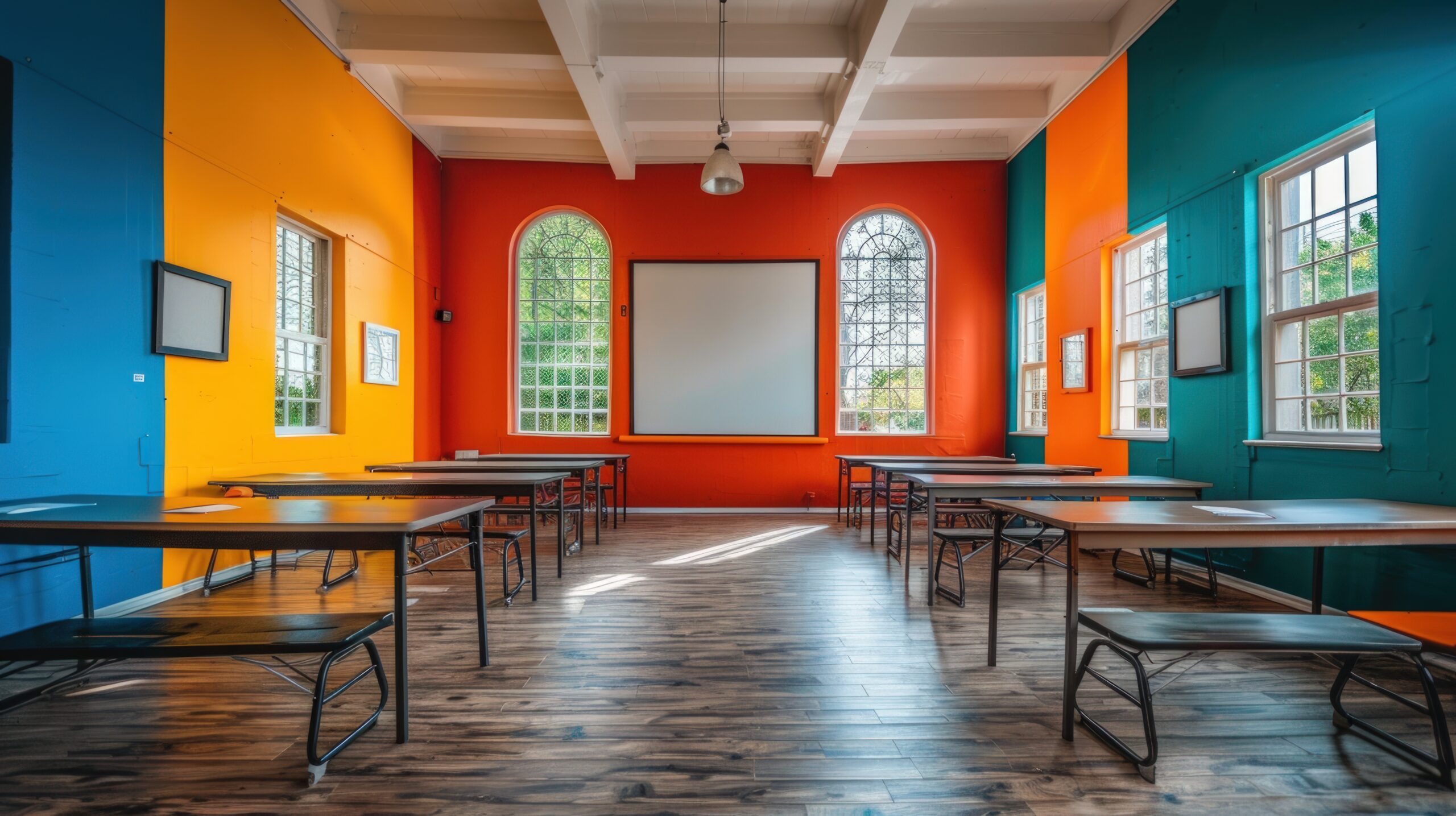 An image showcasing an empty classroom. The room features a dynamic color scheme with walls painted in blue, orange, and red hues, complemented by natural light streaming through the windows, accentuating the wooden floors. Rows of desks with benches offer a perspective on learning environments. The composition suggests possibilities for use in educational content, architectural showcases, or as a backdrop for presentations. The vibrant colors and clean lines contribute to a modern and inviting space suitable for various creative projects.